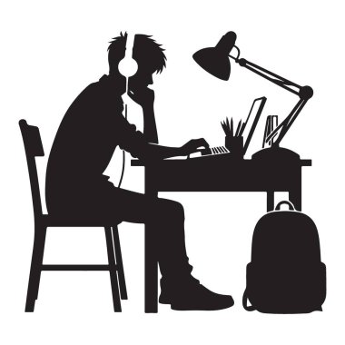 Odaklanmış Öğrenci Silueti Kulaklıkla Gece Geç Saatlere Kadar Çalışıyor