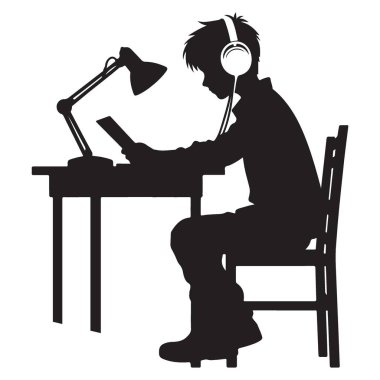 Tablet ve kulaklıkla çalışan bir öğrencinin silueti.