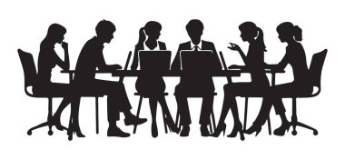 Konferans masasında çalışan iş adamlarının silueti.