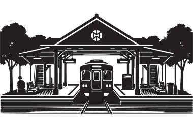 Tren ve Yolcu Vektörlü Siluet Tren İstasyonu Resimleri