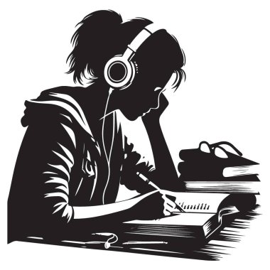 Öğrenci Kız Çalışan ve Yazan Çizim Vektörünün Silueti