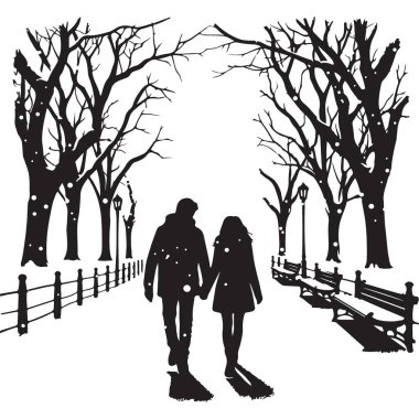 Romantik Çift Kış Parkı 'nda Yürüyor Siluet Vektör İllüstrasyonu
