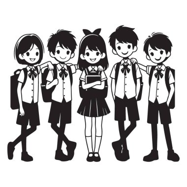 Okul Çocukları Dostluk İllüstrasyon Vektör Tasarımı Siyah ve Beyaz