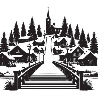 Kış Köyü Sahne Vektörü Görüntü: Kilise ve Köprü