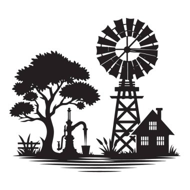 Siluet Ülke Çiftlik Peyzajı Yel Değirmeni Vektörü Grafik Tasarımı