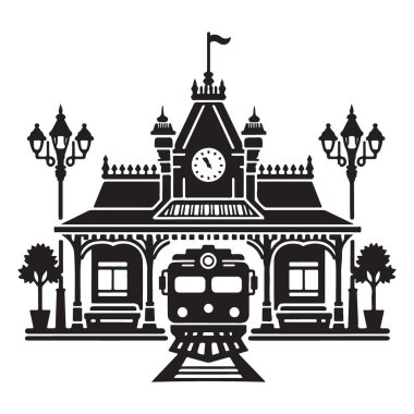 Siluet Tren İstasyonu ile Tren Vintage Vektör İllüstrasyon Tasarımı