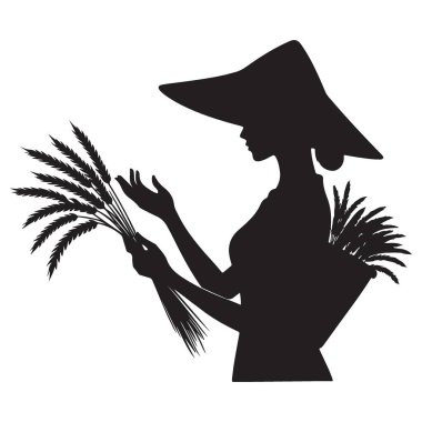Siluet Asyalı Çiftçi ve Rice Vector Design Illustration
