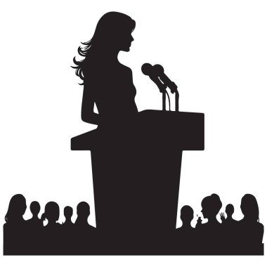 İlham verici Kadın Silüeti Hevesli Seyircilerden Önce Güçlü Konuşma Yapıyor