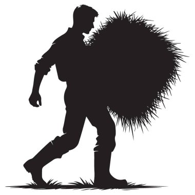 Tarım için Hay Siluet Vektör İllüstrasyonu Taşıyan Çiftçi