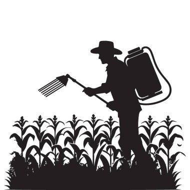 Çiftçinin Silueti Mısır Tarlası Vektör İllüstrasyonunda Böcek ilacı Spreliyor