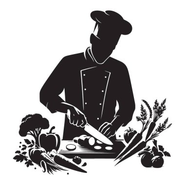 Sebzeleri Hazırlayan Şefin Silueti Mutfak Sanatı Vektörü İllüstrasyonu