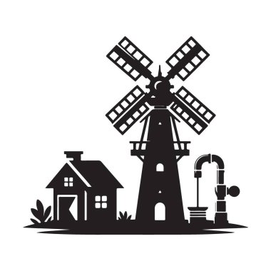 Kırsal Çiftlik Manzarası Çizimleriyle Yel Değirmeni Silueti