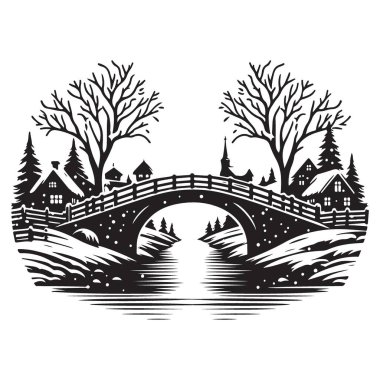 Kar Altlı Köprü Silueti Resimli Kış Köyü Sahnesi