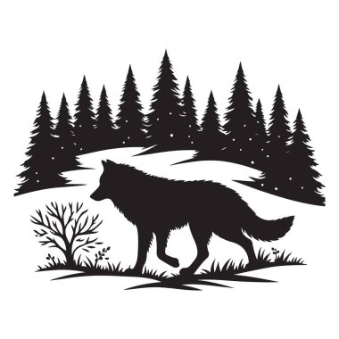 Görkemli Kurt Silueti Çizimi Kış Ormanı Manzarası