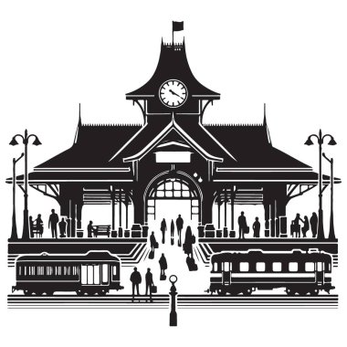 Klasik Tren İstasyonu Silueti İnsan ve Tren Sanatlarıyla