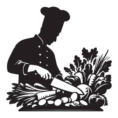 Şef Siluet Taze Sebze Hazırlama Yiyecek Vektörü Sanatı