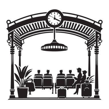 Siyah ve Beyaz Siluet Vektör Tren İstasyonu Bekleme Odası