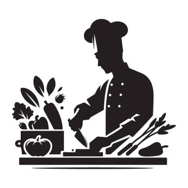 Aşçının Silueti Yemek Hazırlama Sebze Kesme Çizimleri Vektör Sanatı