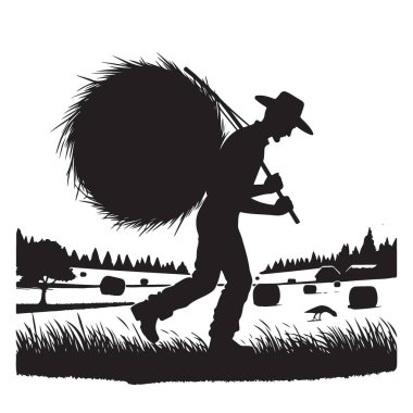 Saman Balyası Taşıyan Çiftçi Silueti Kırsal Tarım İllüstrasyonu