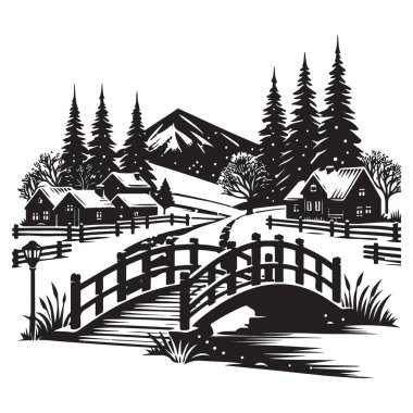 Kış Manzarası Köyü Siluet Vektörü Görüntü Köprüsü Sahnesi