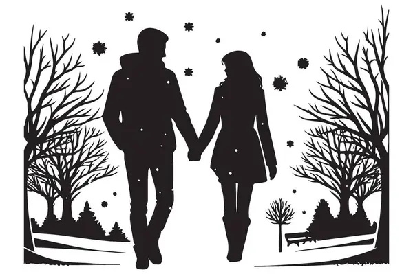 Romantik çift kışın siluet sanatında el ele yürüyor