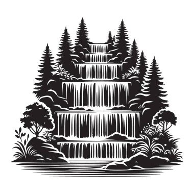Şelale Şelalesi Kuru Bir Orman Vektörü Silueti Çiziminden Geçiyor