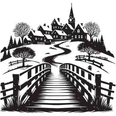 Kış köyü manzara silueti köprü illüstrasyon vektör resmi