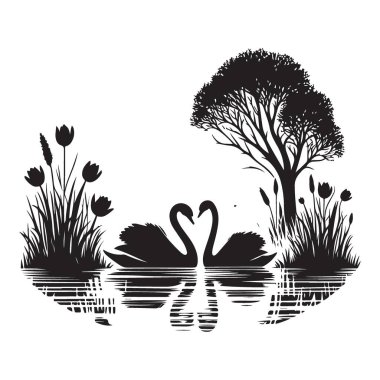 Göl Vektörü Resimlerinde Romantik Kuğular Silueti