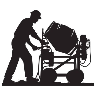 İnşaat İşçisi Silueti Çimento Karıştırıcı Çizimi Çalıştırıyor