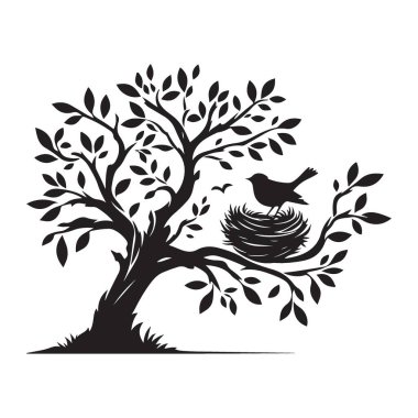 Kuş Yuvası Sanatsal İllüstrasyonlu Ağaç Silueti