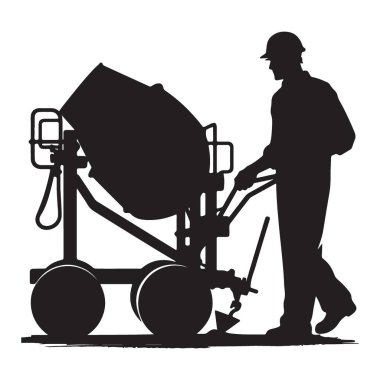Çimento Karıştırıcı İllüstrasyonu Kullanan İnşaat İşçisinin Silueti