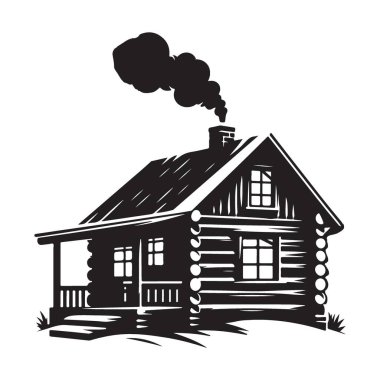 Kırsal kaçış çizelgesinde siluet kırsal ahşap kulübe