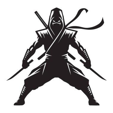 Siluet hayalet ninja suikastçi kılıçlarla harekete hazır
