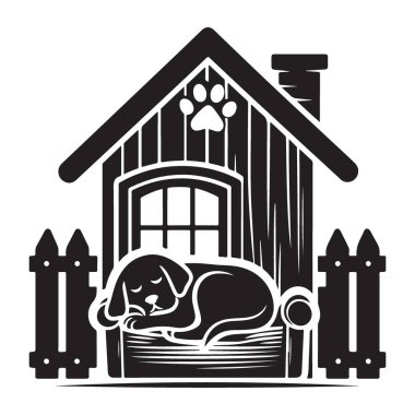 Uyuyan Köpek Köpek Kulübesinde Vektör Siluet Tasarım Sanat Resmi