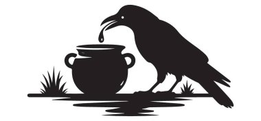 Siluet Kuzgun ve Kazan Vektörü Sanat Gotik Çizim Tasarımı