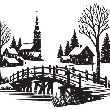 Kış Köyü Sahnesi Siluet Vektörü Köprü ve Kilise Grafikleri