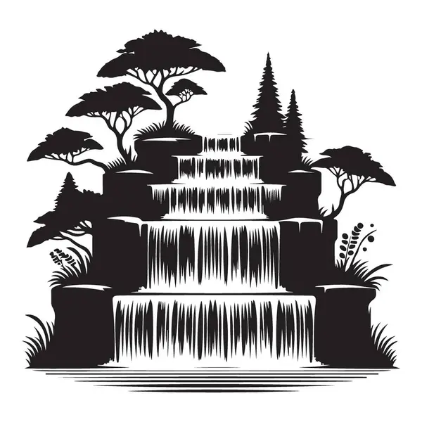 Siluet Şelale Vektör İllüstrasyon Ormanı Sahne Tasarımı