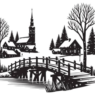 Picturesque Village Kış Sahnesi Görüntü Köprüsü ve Kilisesi