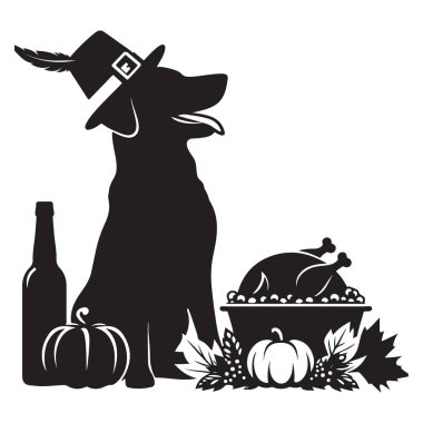 Şükran Günü Labrador Köpek Silueti Vektörü ve Seyyahlar Şapka Çizimi