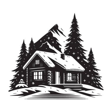 Ormandaki Kulübe Siluet Çizimi Huzurlu Kış Kaçamağı