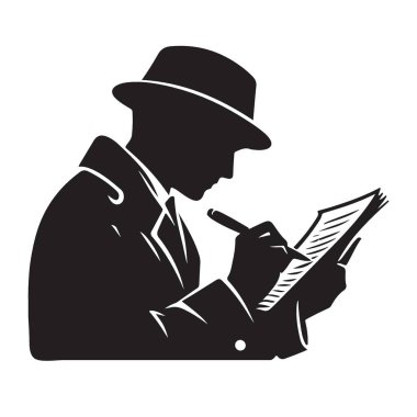 Not Yazan Bir Dedektifin Silueti Araştırma Vektörü İllüstrasyonu