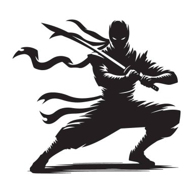 Ninja Savaşçısının silueti Kılıç Poz Vektörü Çizimi