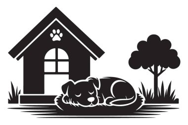 Siluet Köpek Köpek Köpek Kulübesinde Uyuyor Dışarıda Vektör İllüzyonu