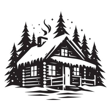 Yılbaşı sezonu için kar vektörü illüstrasyonunda siluet kış kulübesi
