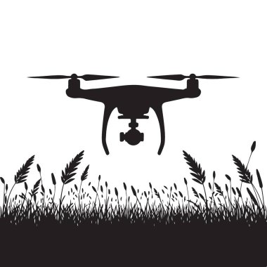 Drone Silueti Uzun Çimenlerin Üzerinde Vektör Grafik Sanatı