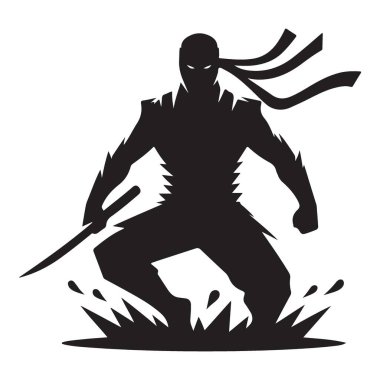 Siluet Dövüş Sanatı Ninja Savaşçısı Stance Vektör Çizimi Tasarımı