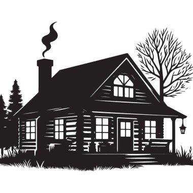 Siluet Konforlu Kütük Kulübesi Ev Dekorasyonu Çizimi Tasarımı