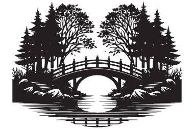 Resimli köprü illüstrasyon silüeti doğa manzarası ve yansıma vektörü
