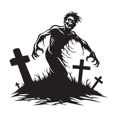Zombi Mezarlığı Siluet Vektör Çizimi Ürkütücü Cadılar Bayramı