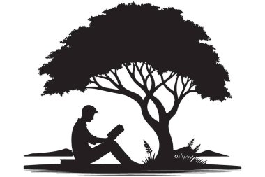 Siluet Adam Doğada Bir Ağacın Altında Kitap Okuyor